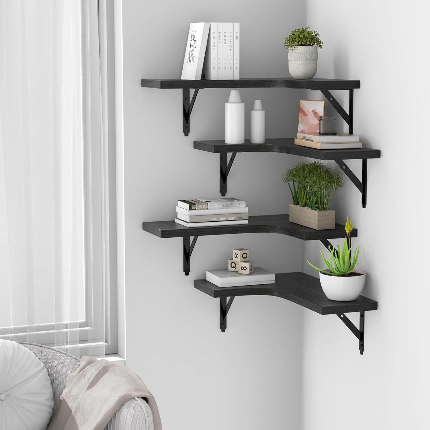 Rustic Corner Floating Shelves – Wall Mounted Set of 4