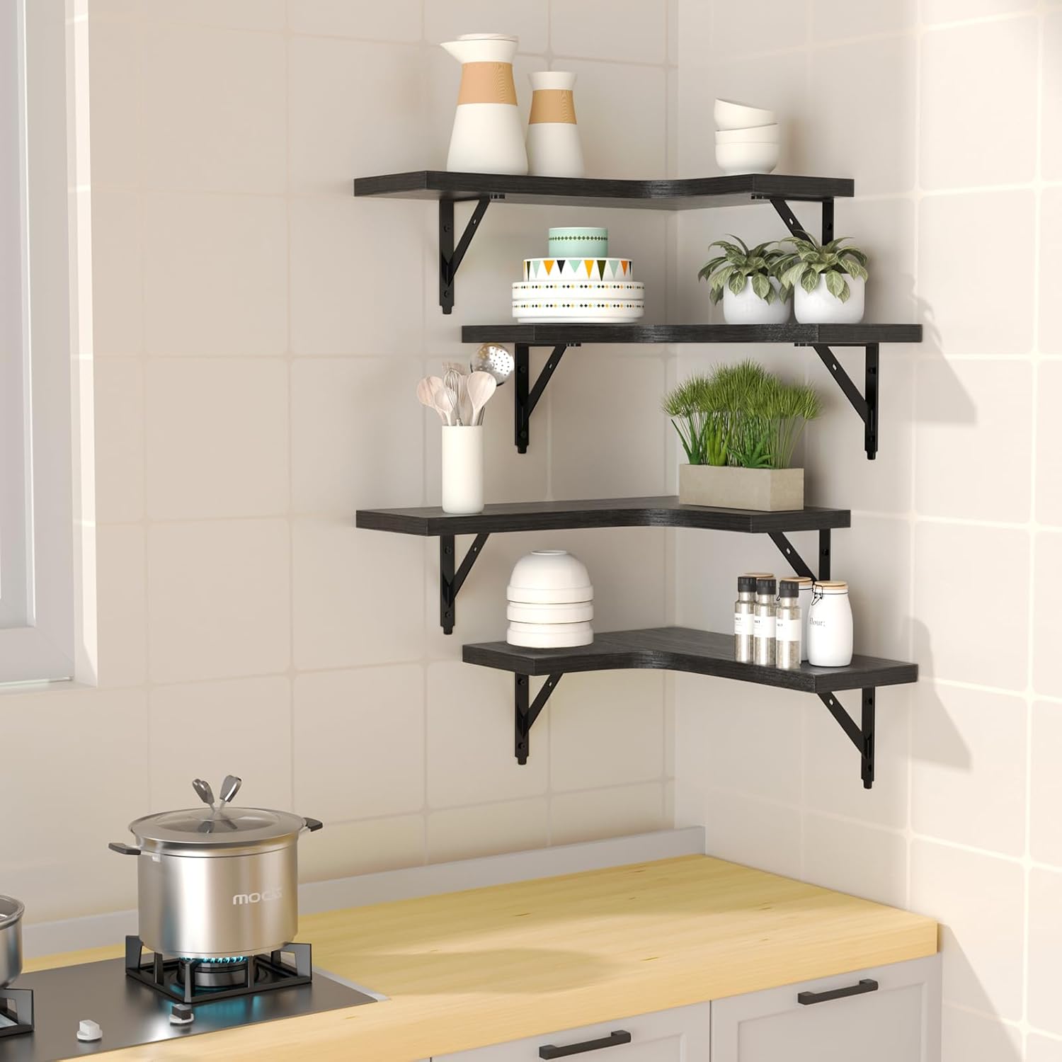 Rustic Corner Floating Shelves – Wall Mounted Set of 4