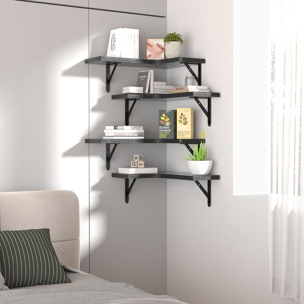Rustic Corner Floating Shelves – Wall Mounted Set of 4