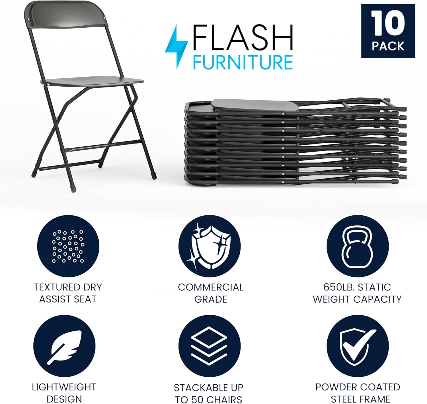 Heavy-Duty Folding Plastic Chairs – Set of 10, Commercial Grade Seating